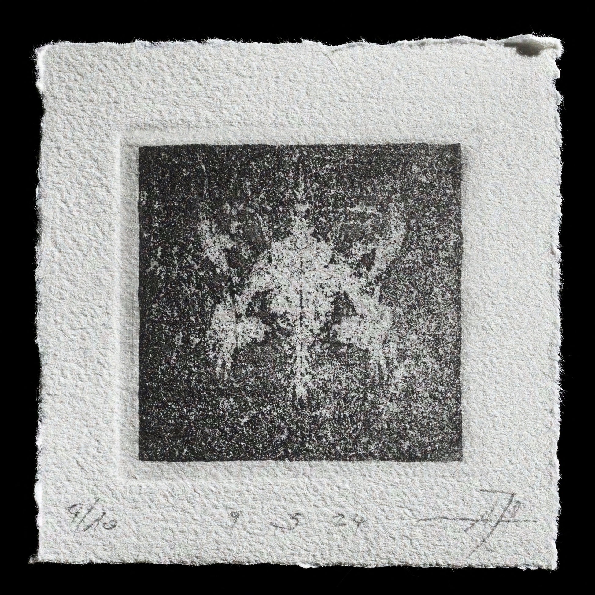 This etching print, untitled by Andreas Joska-Sutanto, features a striking monochrome composition with a central dark square surrounded by a lighter border. The print's background is characterized by subtle texture and intricate details that add depth to its overall aesthetic.