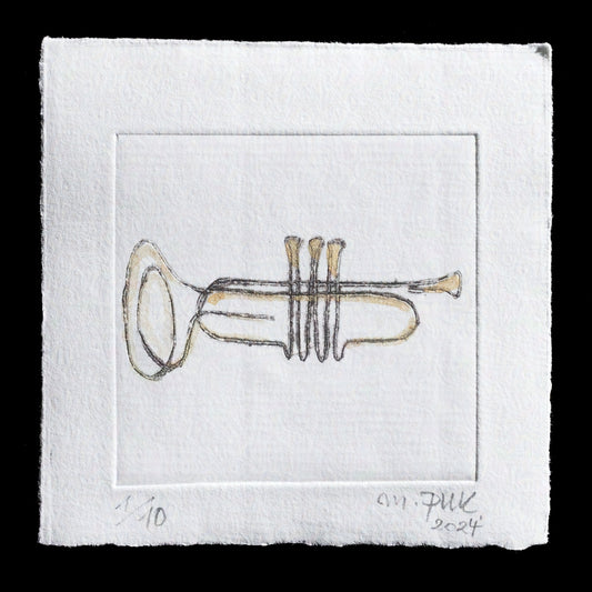 This print, titled 'Trumpet Solo' by Marion Pusch-Kunze, features an abstract trumpet design with a minimal color palette of black and gold on white paper, created using the technique of intaglio.