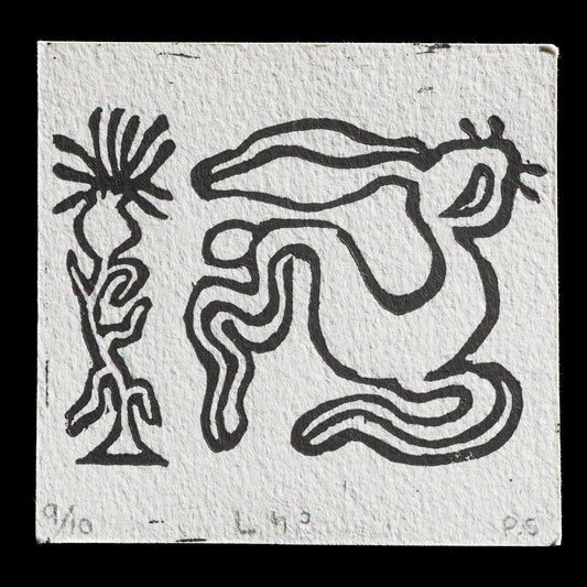 The image features a linocut print titled "SHAADROOM 'thistle' <span>???</span>" by PAITYN SAVOIE, showcasing a unique blend of natural and abstract elements. The print is characterized by:

* A thistle plant with intricate details
* A stylized snake or worm-like creature
* A flower-like shape

The dominant colors in the print are black and white, set against a light gray background.