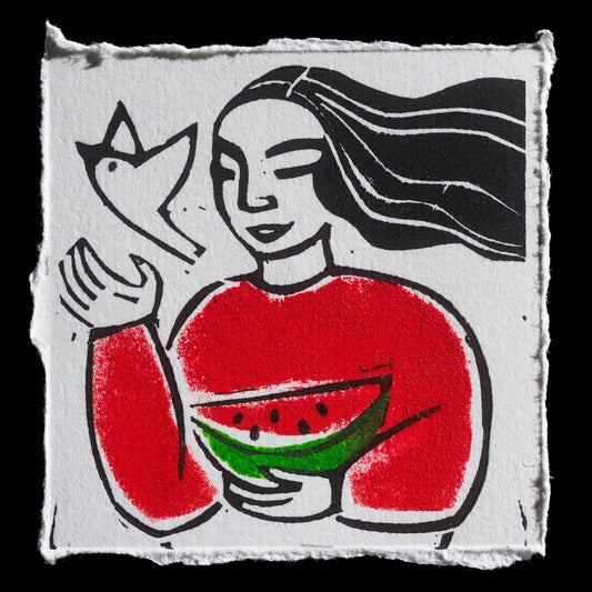 The artwork, titled "Free the Oppressed!" by Martyna Sabadasz, is a linocut print that features a woman holding a watermelon slice with seeds in her right hand and a fish to her left. The print showcases bold red, green, black, and white colors on white paper.