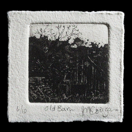This etching titled "Old Barn" by Jeanne Coogan showcases a serene landscape featuring an old barn nestled among trees in muted shades of black, gray, and white. The artist's use of aquatint adds depth to the composition, while the intaglio technique creates intricate details on the paper.