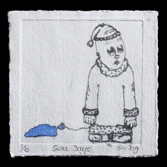 This print, titled 'Some Days' by Bev Doig, showcases a poignant scene featuring a child clad in a nightgown and hat, kneeling beside a small blue object connected to them by a string. The artwork's palette is characterized by warm hues of orange, yellow, pink, brown, and black, while the background remains a soft gray.
