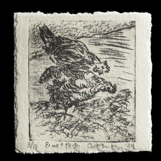 This print, titled 'Ernie & Pesto' by Anita Fina Kiewra, is a striking work that showcases her mastery in intaglio, drypoint, and TetraPak techniques. The piece features two animals set against a predominantly black background, with the visible elements rendered in shades of brown and gray.