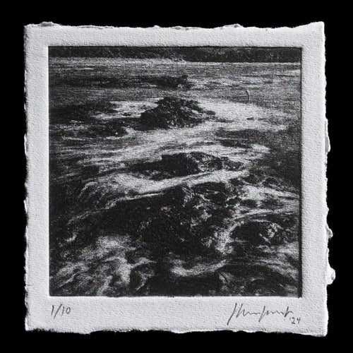 This print, titled 'Papatowai Flow' by Jimmy Kirkus-Lamont, showcases a striking black-and-white landscape with flowing water, evoking a sense of movement and fluidity. The artist's use of solarplate and photopolymer techniques creates a textured, almost three-dimensional effect on the paper.