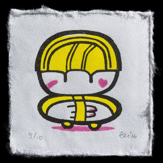 This artwork features a cartoon character with distinctive yellow hair, dressed in a white outfit with a yellow belt. The character is rendered in bold black lines against a white background, while their eyes are accentuated by pink hearts and their body bears a pink smear.

The print showcases the artist's use of linocut techniques to create intricate details and textures within the composition.