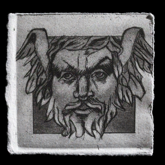 This etching and aquatint print, titled 'The Myth' by Samuel Fontanez, features a striking black-and-white image with intricate details and textures. The central figure is shrouded in mystery, set against a solid background that heightens the enigmatic atmosphere of the piece.