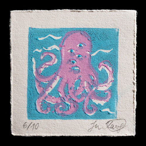 This linocut print features a stylized octopus against a blue background.

**Key Features:**

* Vibrant pink hue used to create the octopus's outline
* Distinctive tentacles
* A bold, eye-catching piece of art that showcases Julia Kaergel's skill in linocut techniques