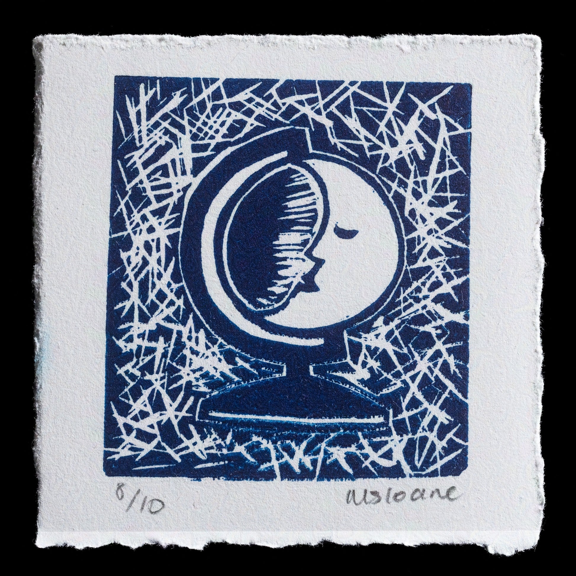 Here is a short SEO description of the print:

"Look Up" by Madison Sloane, a captivating linocut print featuring a serene moon face set against a deep blue sky with subtle white scratch marks, inviting contemplation and wonder.