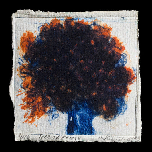 This print titled 'Tree of Peace' by Maja Kihlstedt showcases a vibrant and intricate design. Created using intaglio, drypoint, monotype, and watercolor techniques, the artwork features a striking tree with bold orange leaves against a blue background. The artist's use of contrasting colors creates a visually appealing piece that invites contemplation on the theme of peace.