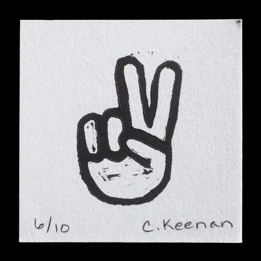 This black-and-white print showcases a stylized hand gesture, evoking the iconic "Give Peace a Chance" symbol. Crafted using relief printing techniques, it features bold lines and minimal coloration. The artist's signature is discreetly placed at the bottom of the image, accompanied by the edition number '6/10'.