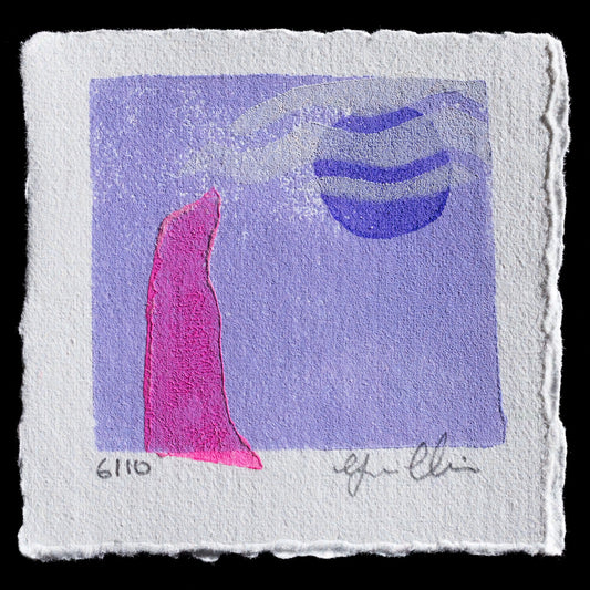 This artwork, "Thor" by Megan Hicklin, is a captivating piece created using linocut techniques.

**Visual Characteristics:**

* Dominant purple color
* A striking pink shape adds visual interest to the left side
* A blue shape with subtle shading on the right side
* Signature in gray ink at the bottom

**Overall Impression:**
The combination of colors and shapes creates a visually appealing composition that invites exploration.