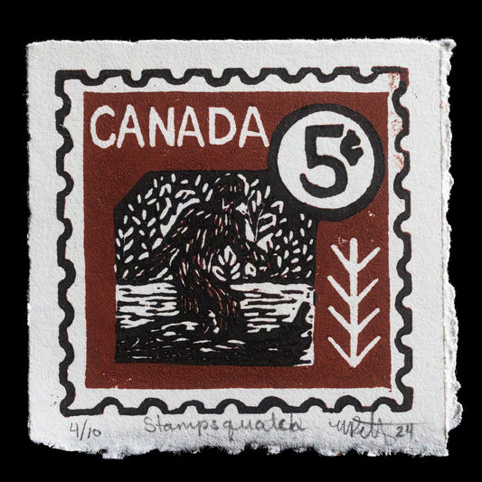 The 'Stampsquatch' print by Nicole Pettigrew showcases a playful take on Canada's iconic stamps, reimagined through the technique of relief printing.