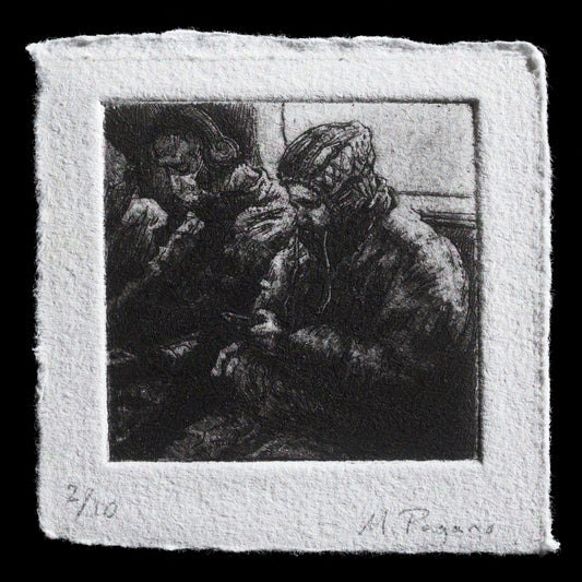 Here is a rewritten caption that meets the requirements:

This artwork, titled 'The #7 Train', is a print by Mark Pagano, created using etching, drypoint, and aquatint techniques. The composition features a train in motion on tracks, with a subtle color palette of browns, grays, and blacks, conveying a sense of movement and industrial activity.