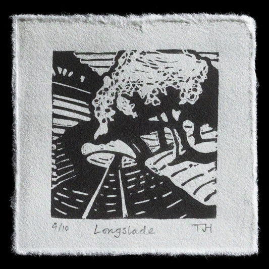 This linocut print by Tim Holmes depicts a serene landscape with trees, grass, and flowers in muted shades of brown, green, and beige hues. The image is titled 'Longslade' and features a rectangular shape with a rough, textured edge. The artist's signature is not visible, but the print is signed "TH" at the bottom right corner.