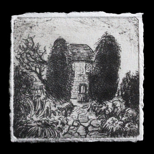 The image depicts a black-and-white etching on paper, featuring a small house with a tiled roof nestled among trees and foliage. The artist's signature, 'Ky Lewis', is visible in the lower right corner. Created using drypoint techniques and printed on TetraPak material, this piece showcases the artist's unique style and attention to detail.