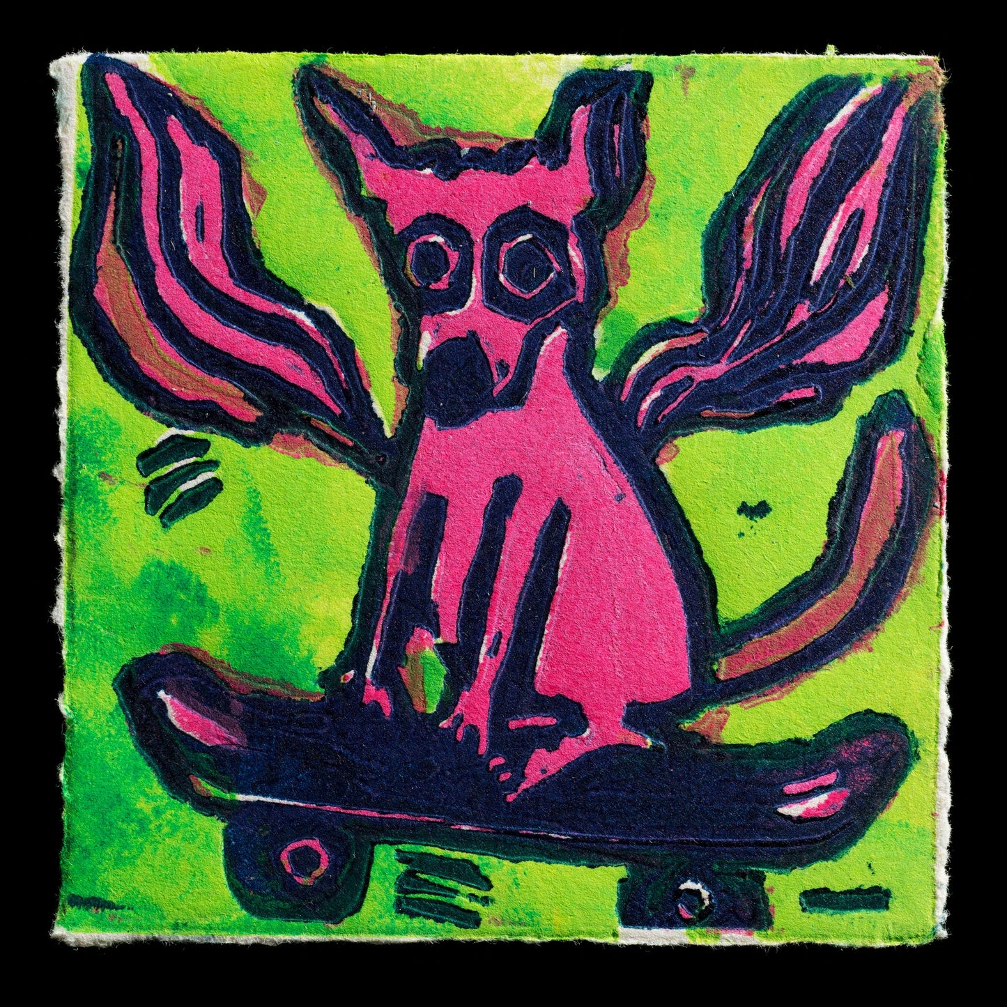 The artwork "Lulu the Wonderdog" by Janine Howe is a captivating linocut print that showcases the artist's unique style. This piece features a striking pink dog with outstretched wings, set against a vibrant green background, exuding an air of whimsy and playfulness. The bold colors and dynamic composition make this print a standout piece in any collection.