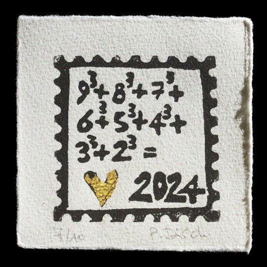 This original linocut print depicts a mathematical equation and is titled 'Happy 2024' by Petra Disch. It features a black background with bold, dark grey text on top, along with gold foil accents in two places. The image showcases the artist's unique style and attention to detail.