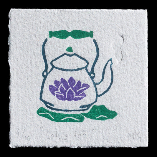 This print, titled "Lotus Tea" by Maartje van Eck, showcases a linocut technique with blind embossing. A delicate purple lotus flower sits at the bottom center within a stylized teapot outline, featuring a wavy green handle and spout. The background is a crisp white, providing contrast to the rich colors of the print.