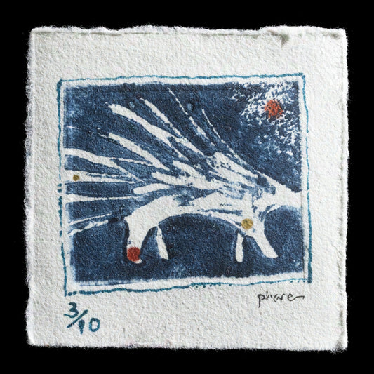 This captivating print, "Desert Flower" by Merrell-Ann Phare, showcases a stunning desert landscape using the innovative TetraPak technique. The artwork features a predominantly blue background with white accents, complemented by red, yellow, and brown hues that evoke the vibrant colors of a desert flower in bloom.