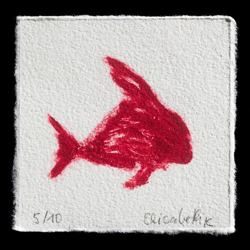 This monochromatic print, titled 'pez rojo' (red fish) by Elisabeth Kirschbaum, showcases a vibrant red carborundum technique on white paper. The artist's bold use of color creates a striking visual effect, while the intricate texture and subtle shading add depth to the image.