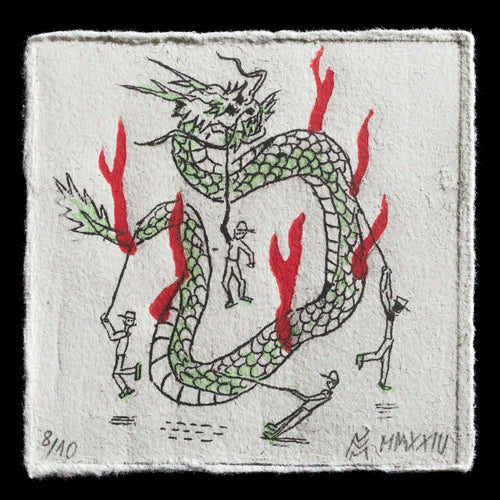 This artwork is a captivating piece titled 'Holzdrache' by Friedrich Mayer, created using intaglio, linocut, TetraPak, and watercolor techniques. The print features an intricate design with a central dragon motif, rendered in muted tones of green and red against a cream-colored background.