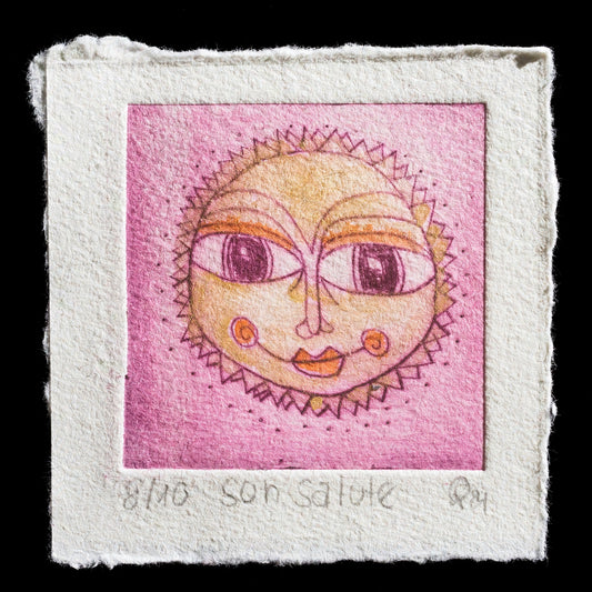 This captivating print, 'Sun Salute,' showcases a stylized sun face against a pink background, rendered in warm hues of yellow, orange, and brown. The artist's use of intaglio techniques is evident in the intricate details of the sun's features, while watercolor adds a subtle, dreamy quality to the piece.
