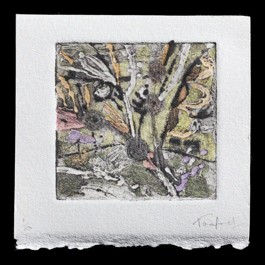 The print "Morning Walk" by Tara Axford showcases a vibrant arrangement of leaves and flowers in shades of green, yellow, pink, brown, and purple against a light grey background. The intricate details are achieved through collagraph techniques.