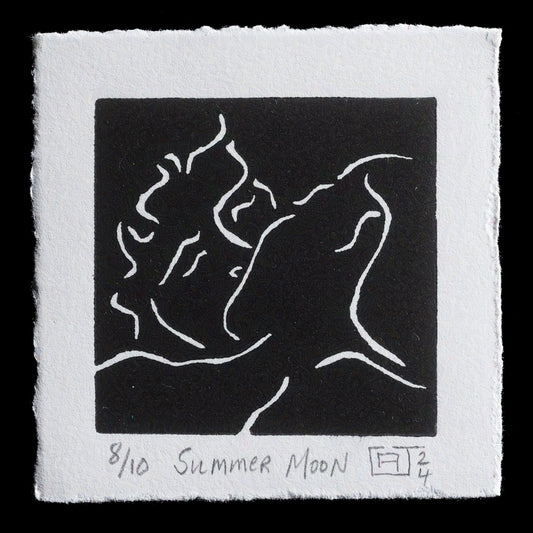 The image depicts a black and white linocut print by Catherine Bastarache, titled "Summer Moon". The print features a simple yet elegant design, showcasing Bastarache's skillful use of line and texture to create a visually striking piece. The monochromatic color scheme adds to the overall sense of simplicity and elegance, making this print a great addition to any art collection.