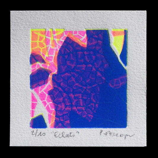 This print, titled "�clats" by Pascale Etchecopar, features a vibrant linocut design. The composition is characterized by a predominantly blue hue, complemented by accents of pink and yellow that add depth to the artwork.

**Key Details:**

* **Artist:** Pascale Etchecopar
* **Technique:** Linocut
* **Colors:** Blue, Pink, Yellow

The print's color palette and composition work together to create a visually striking piece.