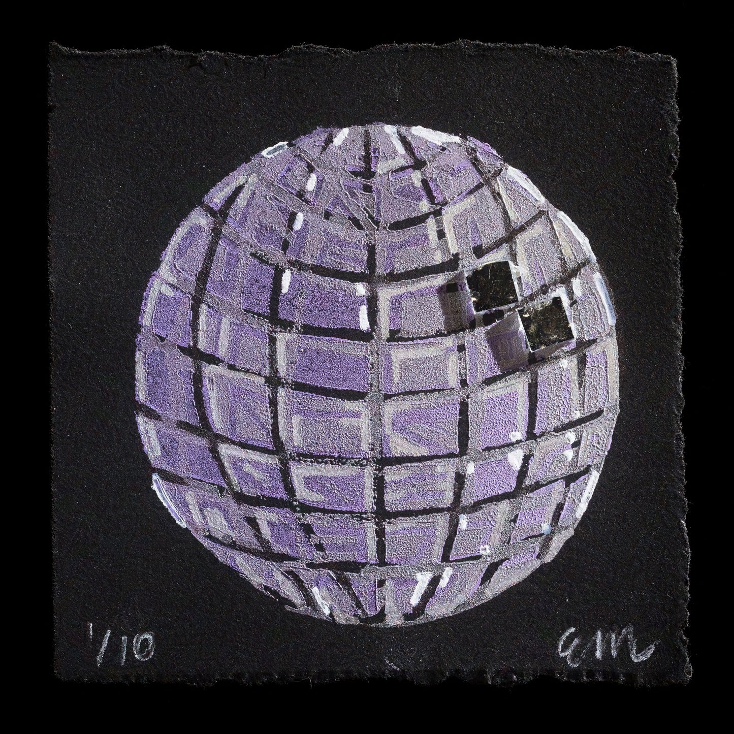 The image depicts a purple moon-like sphere with a reflective surface, set against a black background. The artwork, titled "Mirrorball Moon" by Elspeth Michaels, showcases a unique blend of lithography and mixed media techniques.