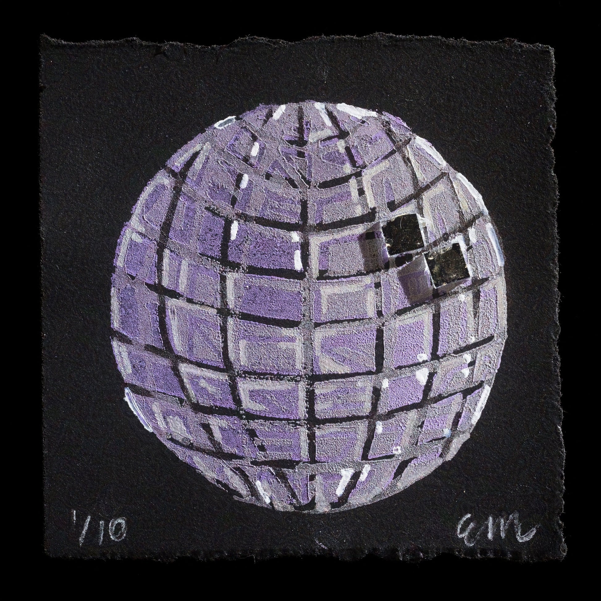 The image depicts a purple moon-like sphere with a reflective surface, set against a black background. The artwork, titled "Mirrorball Moon" by Elspeth Michaels, showcases a unique blend of lithography and mixed media techniques.