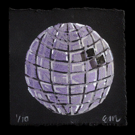 The image depicts a purple moon-like sphere with a reflective surface, set against a black background. The artwork, titled "Mirrorball Moon" by Elspeth Michaels, showcases a unique blend of lithography and mixed media techniques.
