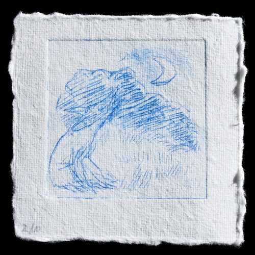 The image depicts a print titled 'Howling Hound' by artist Felice Heckman. It features a drypoint technique and uses TetraPak materials. The artwork showcases a blue dog in motion, with its head turned to one side and its tongue out. The background is white, providing a clean contrast to the vibrant colors of the dog.