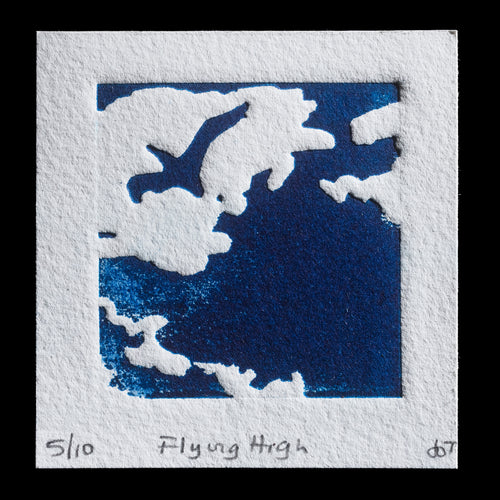 This captivating monochromatic artwork, 'Flying High', showcases a bird in flight against an abstract backdrop. Crafted using the solarplate technique, this piece features a rich, deep blue hue that evokes a sense of freedom and movement. The artist's bold use of negative space creates a striking visual effect, drawing the viewer's eye to the dynamic composition.