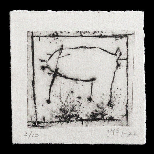 This drypoint etching by Janet Shagam, titled "Off the wall," presents a minimalist composition featuring a simple black line drawing of an animal in motion against a white background. The image is framed by a thin border, with illegible handwritten notes at the bottom indicating the edition number and print date.