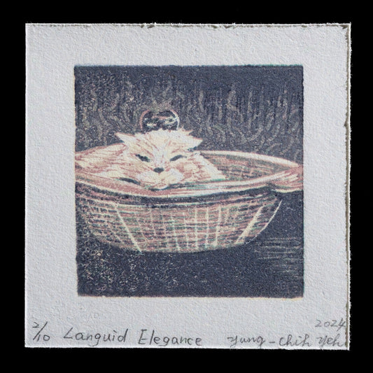 This artwork, "Languid Elegance" by Yung-Chih Yeh, is a captivating relief print that showcases a serene white cat reclining in a woven basket. The subtle color palette features shades of pink, red, and black on an off-white background, inviting the viewer to appreciate the tranquil scene.