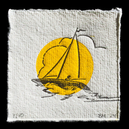 This captivating print, 'Sailing Away' by Barbara van der Mast, showcases a serene sailing scene through expert use of relief printing techniques on handmade paper.

**Color Palette:**

* Vibrant yellow sun
* Dark blue ocean

The artwork depicts a sailboat gliding across the water under the warm glow of the setting sun.