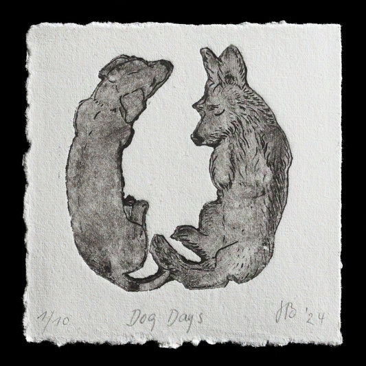 The "Dog Days" print by Sabine Baumg�rtel showcases two dogs in a captivating composition, rendered using TetraPak techniques. The monochromatic color scheme features light grey tones against a white background, creating a harmonious and visually appealing piece that invites contemplation.