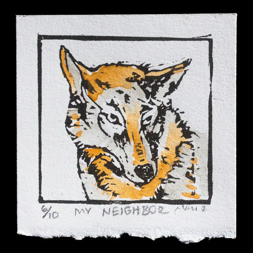 This mixed-media print, 'My Neighbor' by Mary Romanuck, features a stylized canine head in shades of yellow, white, black, and gray on a gray background. Created using linocut and watercolor techniques.