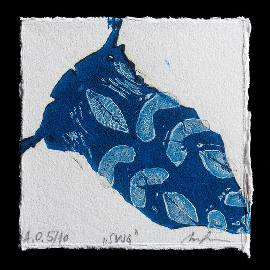 This captivating linocut print, titled 'Slug', showcases a striking blue slug set against a crisp white background. Created by Valentina Grubacevic (valnaa.a), this piece is a testament to the artist's skill in capturing intricate details and vibrant colors through traditional printmaking techniques.