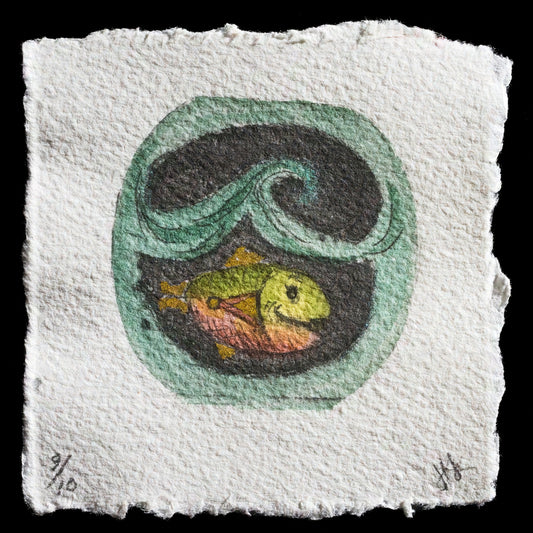 This print, titled "Fishbowl" by Janel Johnson, is a captivating piece created using the unique techniques of TetraPak and watercolor. The artwork features a fish swimming in a bowl with a green border, surrounded by a black background that adds depth to the overall composition.