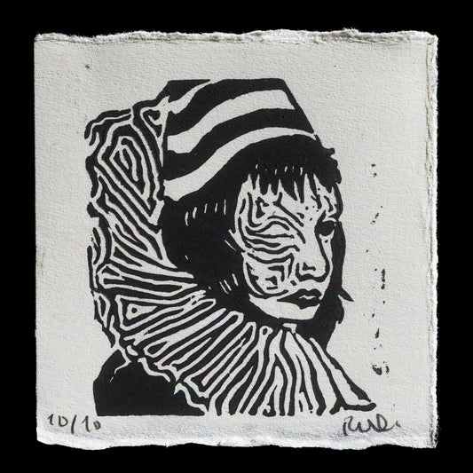 Here is a rewritten version of the description:

"The Fool" by Deniz Erelcin showcases a captivating linocut print featuring bold lines and striking contrasts between black and white hues. The artwork presents a thought-provoking portrayal of its subject matter within a minimalist, monochromatic color scheme.