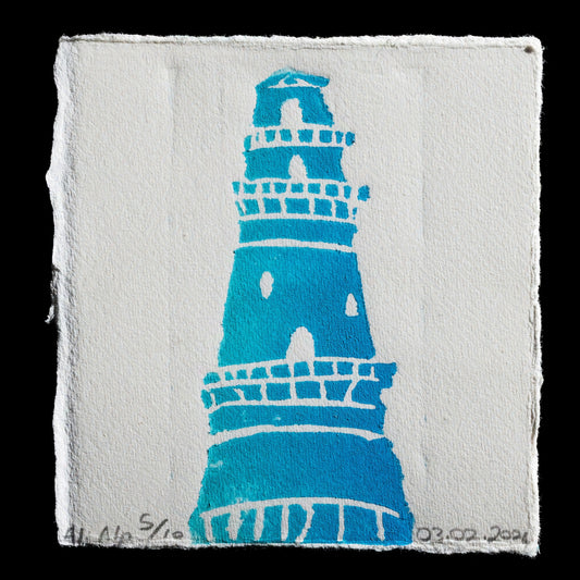 This linocut print by Ali Alp captures a serene lighthouse scene in soothing shades of blue and white. The artist's skilled use of linoleum block printing techniques creates a textured, layered effect that adds depth to the image. Against a calming background, the lighthouse stands tall, its light shining brightly.