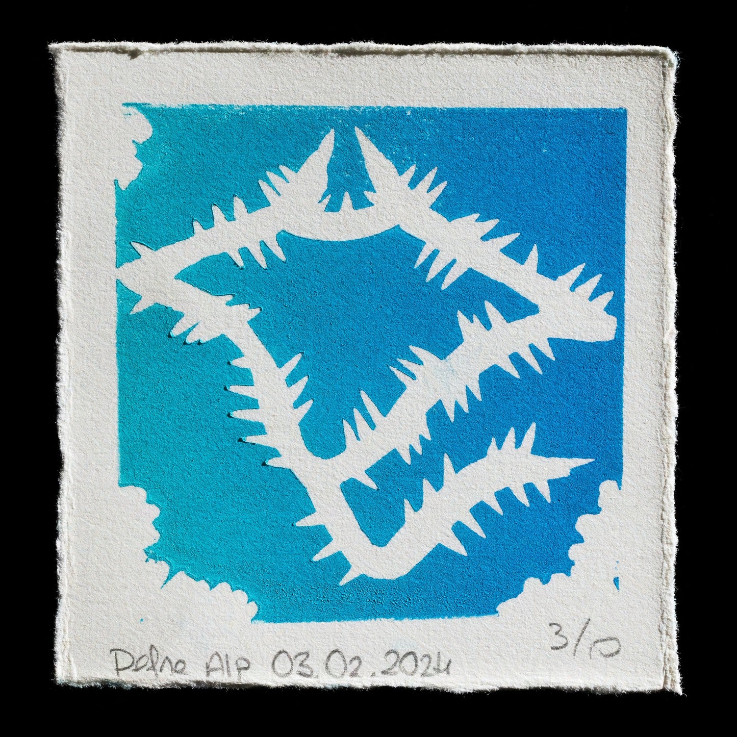 This print is a vibrant linocut artwork featuring a stylized blue square with white silhouettes resembling fish or leaves, set against a light gray background. The work showcases intricate details and bold color choices.

**Artist:** Defne Alp
**Technique:** Linocut