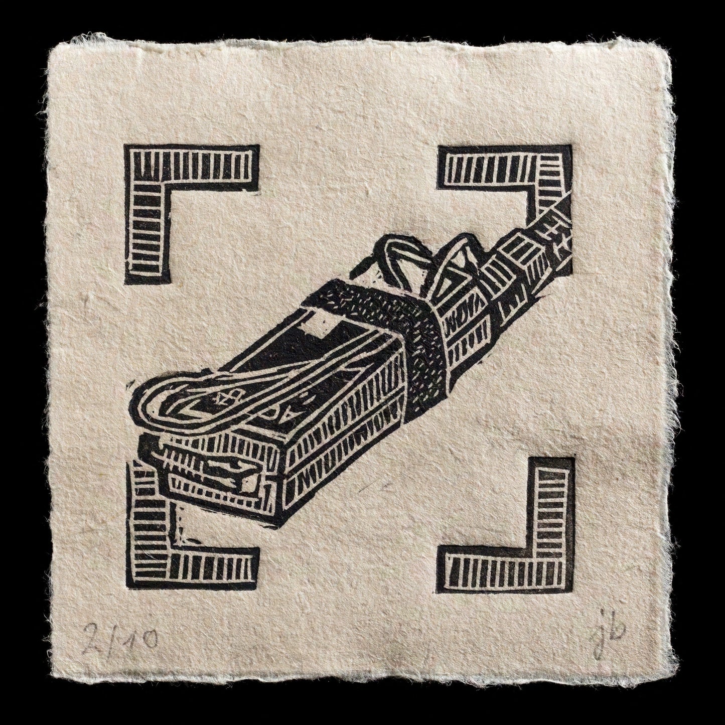 This print, titled "Power supply" by Juraj B�n�, is a captivating linocut artwork that showcases intricate details and textures. The composition features a stylized power supply unit in black against a light-brown background, evoking a sense of industrial machinery. The artist's use of bold lines and geometric shapes creates a striking visual effect.