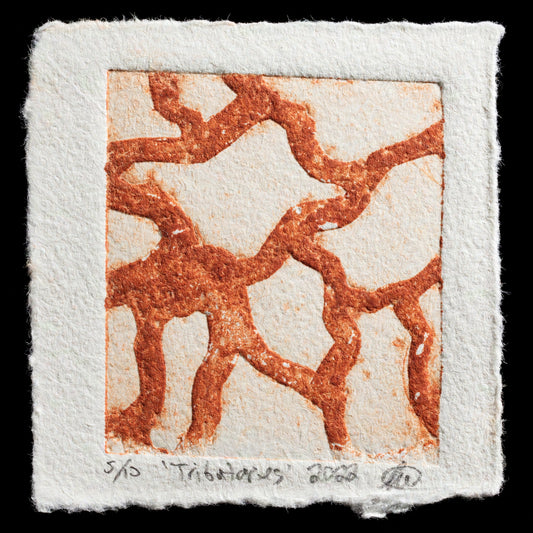 This print is a captivating piece titled "Tributaries" by Louise Wiseman, created using the collagraph technique. The artwork features intricate brown lines that evoke the image of tributaries, set against a beige background.