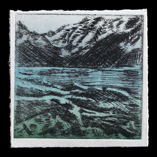 The print 'Popradsk� Pleso' by Uni Kateo is a captivating piece created using the technique of drypoint. This artwork showcases a serene landscape with a prominent lake, surrounded by lush greenery and majestic mountains in the background, all rendered in vibrant colors that evoke a sense of tranquility and natural beauty.