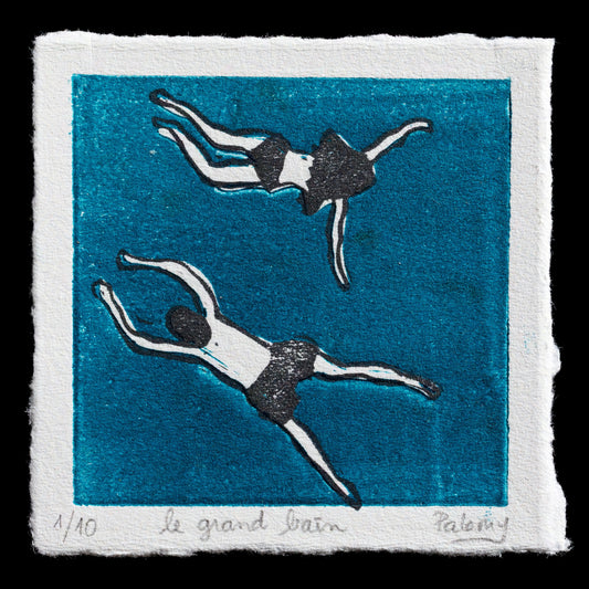The artwork "Le Grand Bain" by Palamy is a captivating linocut print that showcases two figures in mid-dive, set against a striking blue background with white accents. The artist's use of bold lines and contrasting colors creates a dynamic composition that draws the viewer's attention to the central theme of water and movement.