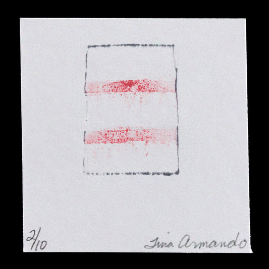 This captivating print, 'Dread' by Tina Armando, showcases the artist's unique interpretation of woodcut techniques. Executed in a bold palette of reds and blacks, the composition features three horizontal bands that evoke a sense of tension and unease. The stark contrast between the deep black lines and vibrant red hues creates a dynamic visual effect, drawing the viewer into an emotional landscape.