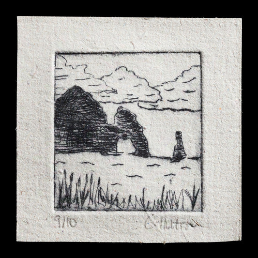 Here is a concise and factual SEO description for the print:

"Mack Arch" by Cheryl Horton, a captivating drypoint print showcasing the artist's skill with intricate details and subtle color palette.